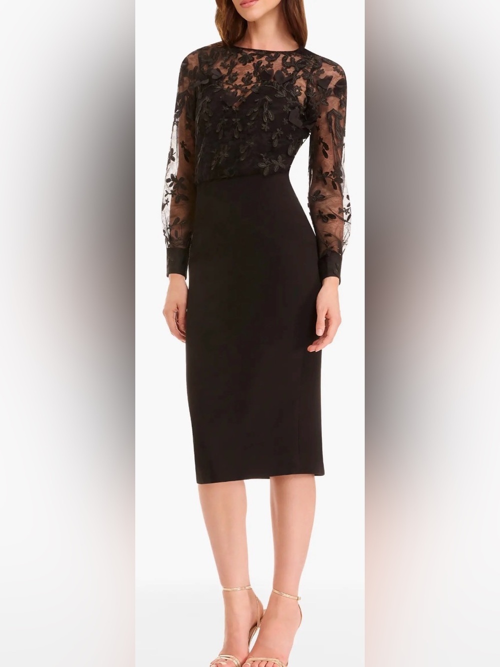 NEW Dress the Population Pilar Mixed Media Long Sleeve Sheath Black Dress Sz L